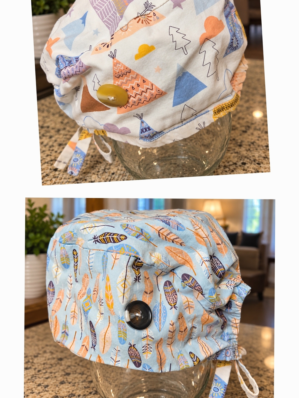 Reversible Handmade Tie-Back Hair Cap with Buttons – Etsy - Light Blue & Peach